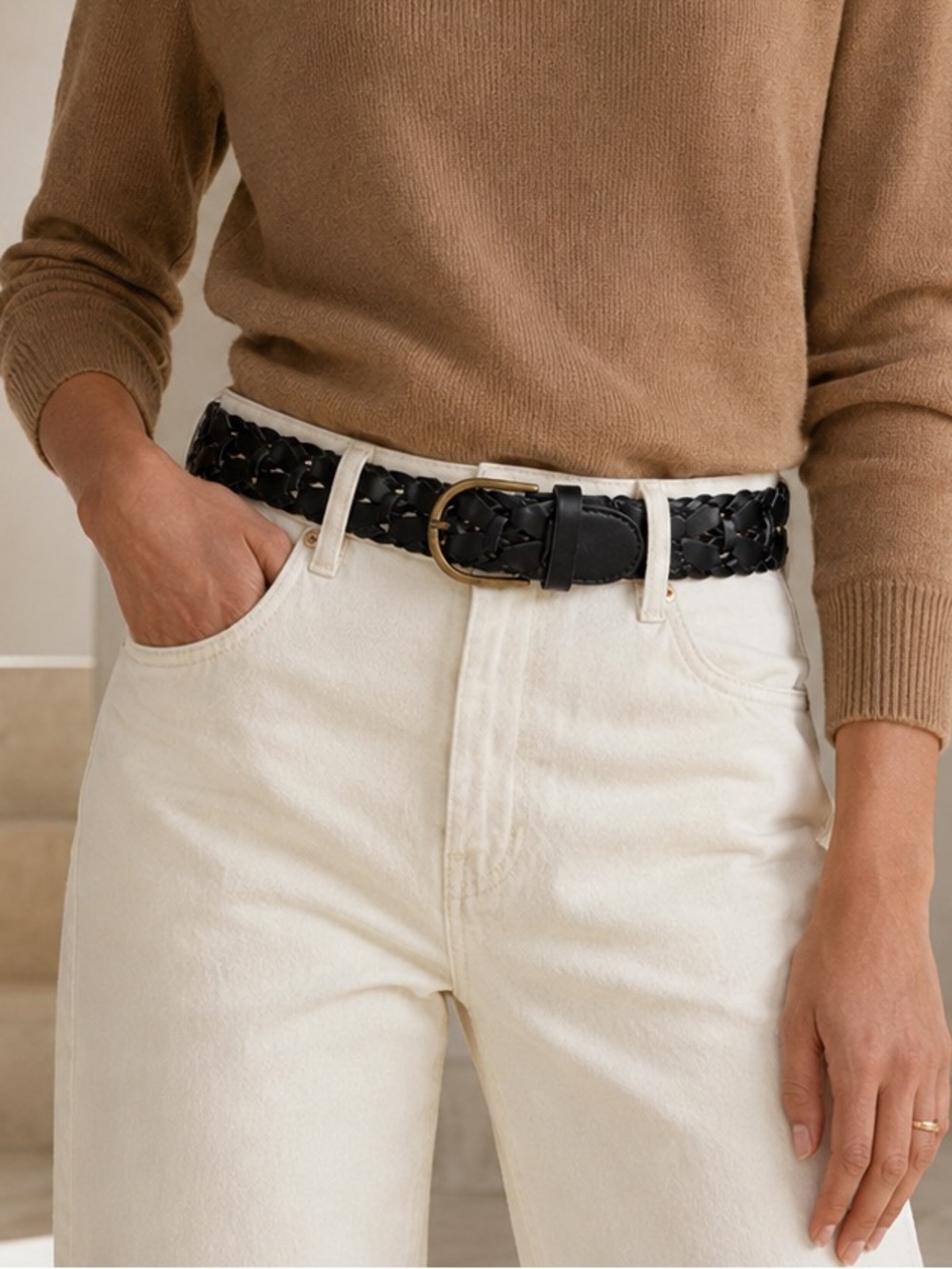 Marella Max Mara Woven Leather Belt Black XS Antique Brass